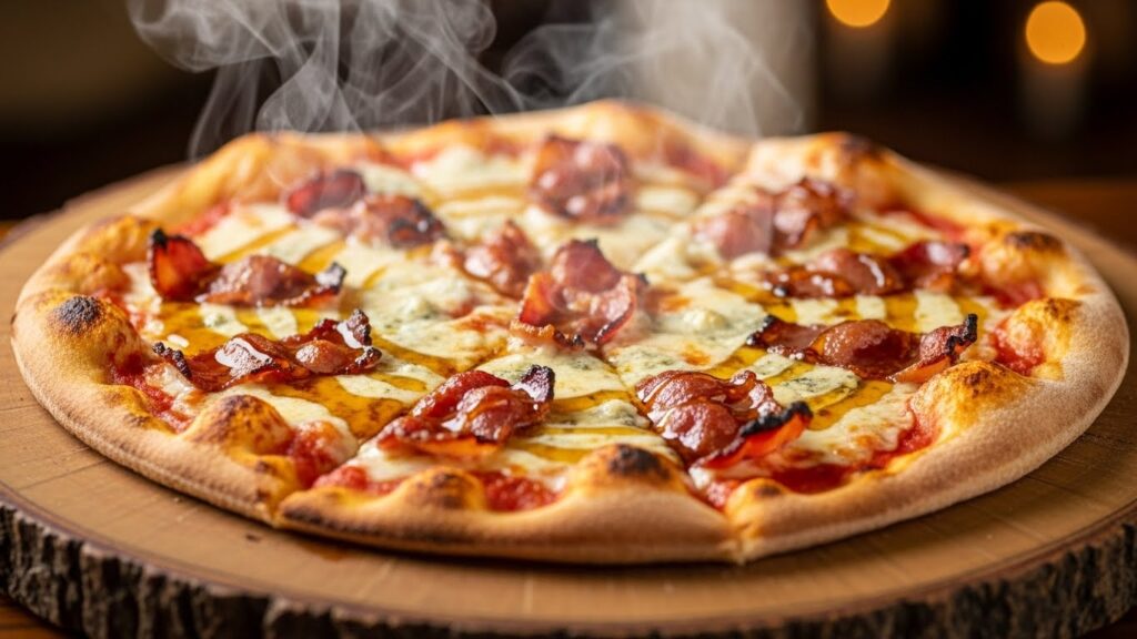 crispy bacon and pale syrup pizza